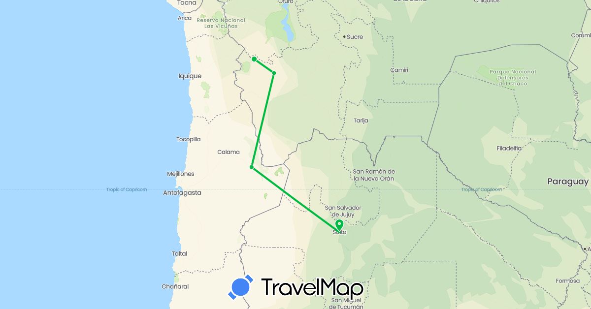 TravelMap itinerary: bus in Argentina, Bolivia, Chile (South America)