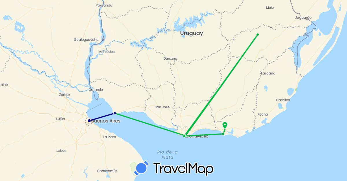 TravelMap itinerary: driving, bus in Argentina, Uruguay (South America)