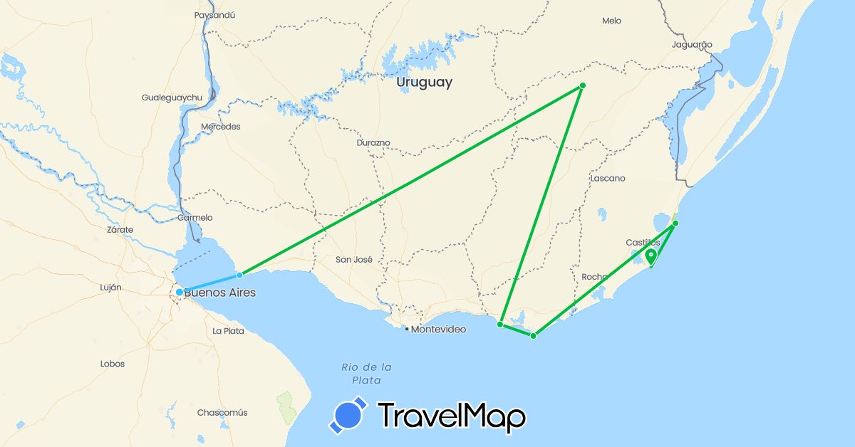 TravelMap itinerary: driving, bus, boat in Argentina, Uruguay (South America)